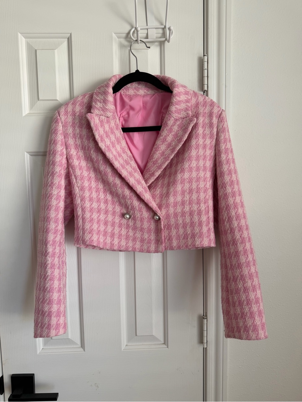 Pink Houndstooth Cropped Blazer Jacket